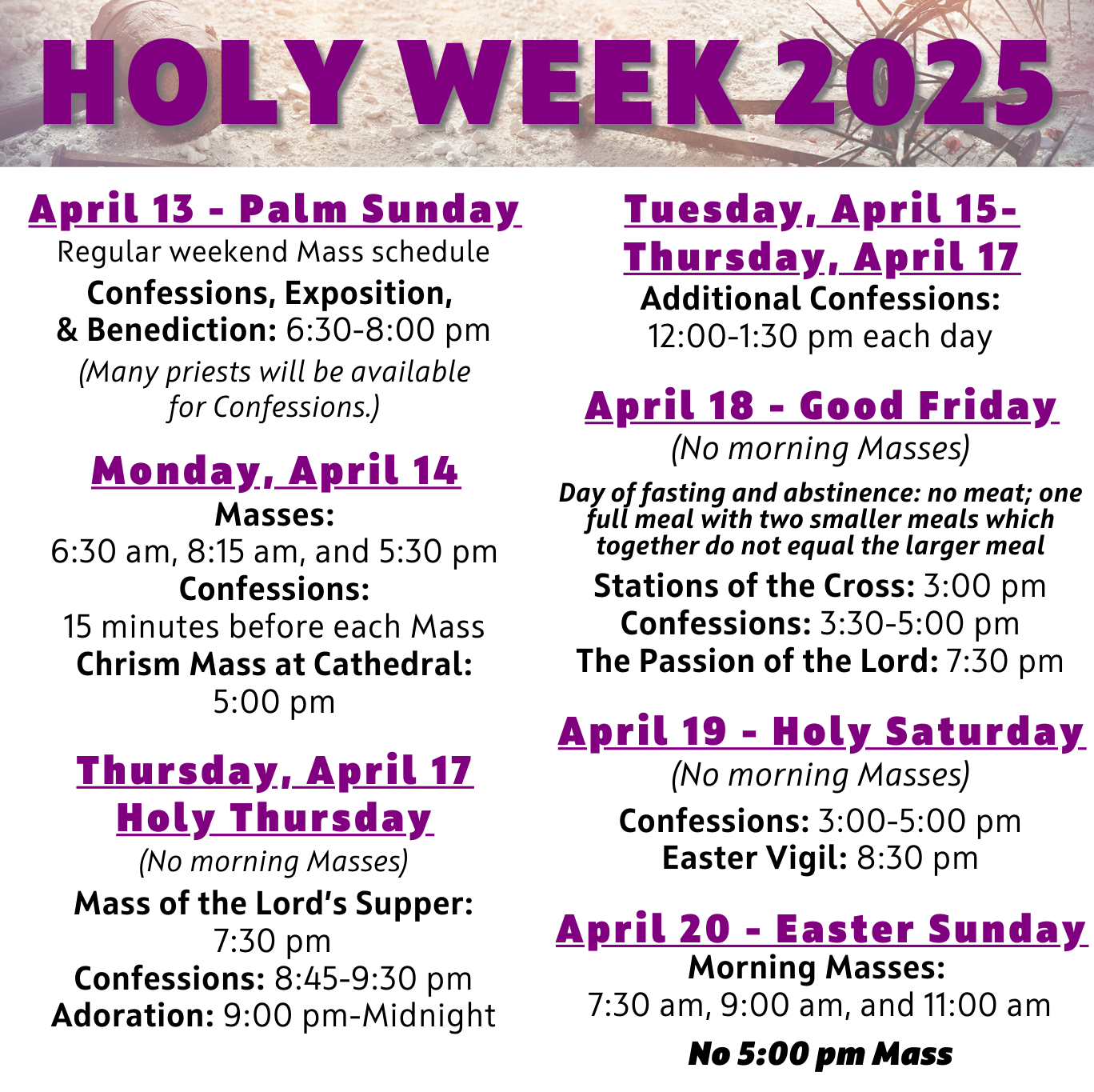 Holy Week 2025 schedule 4.56 x 4.55 in